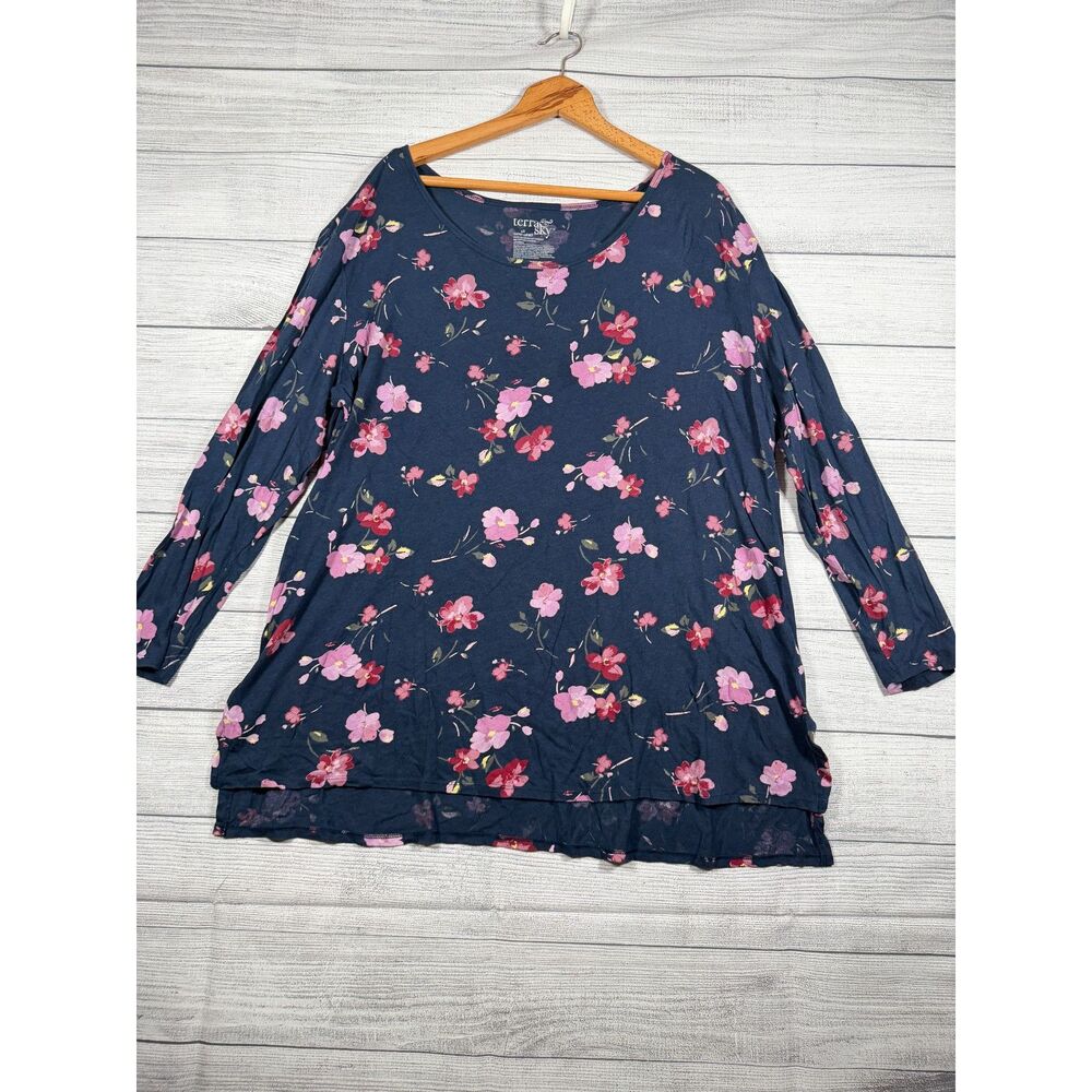 Terra & Sky Women’s 1X Navy Blue Floral Long Sleeve Tunic Top 4263